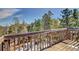 Wood deck overlooking scenic view of beautiful pine trees and snow-covered ground at 11540 Inspiration Rd, Golden, CO 80403