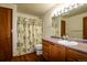 Bathroom featuring a sink, vanity, toilet, and shower with a decorative curtain at 3530 Doolittle Rd, Monument, CO 80132