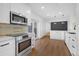 Modern kitchen with stainless steel appliances, white cabinetry, and an adjacent dining area at 5730 E 19Th Ave, Denver, CO 80220