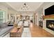 Bright open-plan living room with hardwood floors and a fireplace, leading to a modern kitchen at 3502 Birch Ave, Parker, CO 80134
