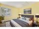 Stylish bedroom featuring warm yellow walls and a comfortable bed with a decorative headboard at 7773 Brentwood Ct, Arvada, CO 80005