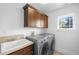 Convenient laundry room with modern washer and dryer, a sink, counter space, and upper cabinets for storage at 1934 S Sherman St, Denver, CO 80210