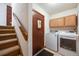 Laundry room with a washer, dryer, and a staircase at 1810 Youngfield Ct # A, Golden, CO 80401