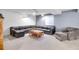 Basement living room featuring plush seating, light gray carpet, coffee table and modern lighting fixture at 2616 E Egbert St, Brighton, CO 80601