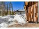 Winter backyard with snow and wooden siding, clear blue sky and scenic forest at 209 American Way, Breckenridge, CO 80424