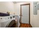 Laundry room with modern washer and dryer, white door and bright interior with plenty of space for cleaning at 209 American Way, Breckenridge, CO 80424