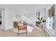 Bright living room with a white brick fireplace, neutral decor and tiled floors at 2700 S Holly St # 107, Denver, CO 80222