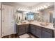 Bright bathroom featuring a large mirror, double sinks, gray cabinets, and modern fixtures at 10393 Deerfield Rd, Franktown, CO 80116