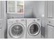 Bright laundry room with white washer and dryer units, gray walls, and storage cabinets at 3339 Tejon St, Denver, CO 80211