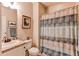 Bathroom featuring a single sink, toilet, shower with curtain, and Mount Rainier artwork at 3375 Starry Night Loop, Castle Rock, CO 80109