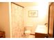 Bathroom with patterned shower curtain, toilet, light fixture, and vanity at 9684 W Long Dr, Littleton, CO 80123