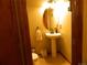 Charming half bathroom featuring a pedestal sink and decorative mirror at 9684 W Long Dr, Littleton, CO 80123
