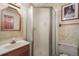 Bathroom featuring a shower stall, vanity and a toilet creating a functional space at 18680 Arrowwood Dr, Monument, CO 80132