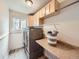 Efficient laundry room with front load machines, overhead cabinets, counter space and basket for storage at 1537 Rosedale St, Castle Rock, CO 80104