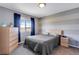 Bedroom featuring a grey bed, striped walls, carpet floors, and a bright window at 17035 E 102Nd Pl, Commerce City, CO 80022