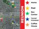Reunion community map featuring local amenities: pools, recreational center, tennis, pickleball and a coffee house at 17035 E 102Nd Pl, Commerce City, CO 80022
