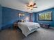 Bedroom featuring a ceiling fan, mountain view and blue walls at 31518 Niakwa Rd, Evergreen, CO 80439