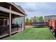 Well-maintained backyard with artificial turf, a trampoline, and a covered patio for outdoor enjoyment at 10397 Helsinki St, Parker, CO 80134