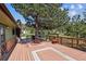 Deck featuring outdoor swing, stone chimney, and views of the surrounding green landscape at 30651 Hollings Way, Golden, CO 80403
