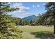 Picturesque meadow view framed by lush trees, showcasing a rustic structure and distant mountain peak at 30651 Hollings Way, Golden, CO 80403