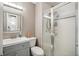 This bathroom features a glass shower, a mirrored sink, and a modern toilet at 6376 E Mississippi Ave, Denver, CO 80224