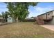 Large, grassy backyard featuring a deck, shed, and mature tree, perfect for outdoor activities at 11823 Steele St, Thornton, CO 80233