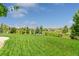 Expansive backyard featuring lush green grass and mature trees at 10826 Evergold Way, Highlands Ranch, CO 80126