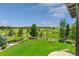 Lush backyard with manicured lawn, mature trees, and views of the community and open spaces at 10826 Evergold Way, Highlands Ranch, CO 80126