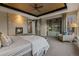 Comfortable main bedroom with fireplace, sitting area, and beautiful ceiling at 10826 Evergold Way, Highlands Ranch, CO 80126