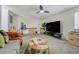 Open living area with a comfortable couch, ottoman, and large television, great for entertaining at 4648 S Abilene Cir, Aurora, CO 80015
