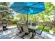 Outdoor dining area with a table, chairs, and a large umbrella for shade, ideal for enjoying meals outdoors at 74 Blue Heron Dr, Greenwood Village, CO 80121