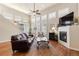 Bright living room featuring a fireplace, hardwood floors, and ample natural light at 4473 Echo Dr, Larkspur, CO 80118