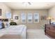 Bright main bedroom featuring a ceiling fan, carpet, and great views from multiple windows at 4473 Echo Dr, Larkspur, CO 80118