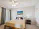 Bright bedroom featuring a ceiling fan, comfy bed, and sliding glass doors to a patio at 1629 S Deframe St # B8, Lakewood, CO 80228