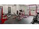 Spacious gym with red exercise equipment, rubber floor, and natural light from the window at 6425 Tremolite Dr, Castle Rock, CO 80108
