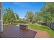Backyard with wooden deck, firepit, green lawn, and a wood fence at 1716 W Sunset St, Longmont, CO 80501