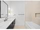 Modern bathroom featuring sleek vanity with sink, a large mirror, and a soaking tub at 4236 Zuni St, Denver, CO 80211