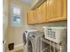 Functional laundry room with modern washer, dryer, storage cabinets, and window at 9246 Sori Ln, Highlands Ranch, CO 80126