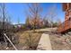 Large backyard with mature trees and a concrete path, perfect for gardening and relaxation at 21142 Hawthorne Ln, Parker, CO 80138