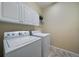 Well-lit laundry area with white washer and dryer, matching cabinets and neutral walls at 21142 Hawthorne Ln, Parker, CO 80138