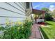 Exterior of the home featuring a stone pathway, covered porch, yellow flowers and vibrant landscaping at 2912 Lake Park Way, Longmont, CO 80503