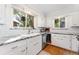 Bright kitchen with granite countertops, white cabinets, and subway tile backsplash at 511 S Pennsylvania St, Denver, CO 80209