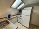Compact kitchenette with skylights, tile countertops, mini fridge, and white appliances at 511 S Pennsylvania St, Denver, CO 80209