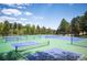 Well-maintained pickleball courts featuring blue and green surfaces, surrounded by lush greenery, perfect for community recreation at 23612 Pondview Pl # A, Golden, CO 80401