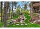 Scenic backyard waterfall cascading down a landscaped hillside with a stone bench at 646 Ruby Trust Dr, Castle Rock, CO 80108