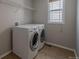 A well-lit laundry room with a side-by-side washer and dryer unit and wire shelving at 2908 Open Sky Way, Castle Rock, CO 80109