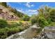 Scenic view of a flowing river surrounded by lush greenery and rugged rocks against a mountain backdrop at 41 Silver Spruce, Boulder, CO 80302