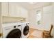 Bright laundry room with wooden floors, white cabinets, and modern appliances at 4845 S Gaylord St, Cherry Hills Village, CO 80113