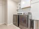 Functional laundry room equipped with modern washer and dryer, shelving, and ample storage space at 1933 Griffin Dr, Brighton, CO 80601