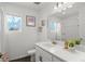 A well-lit bathroom featuring white cabinetry, white countertops, and silver fixtures at 4419 N Quatar Ct, Aurora, CO 80019